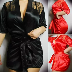 Women Sexy Satin Lingerie Robe Lace Bathrobe Babydoll Nightgown Sleepwear pajama - Picture 1 of 52
