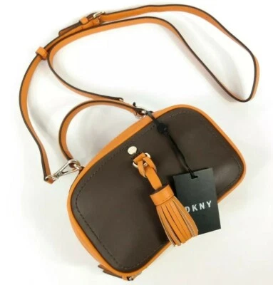 DKNY Leonti Mango Superior Bandolera Cartera Bolso de Mano Naranja Marrón Dorado Borla Nuevo con Etiquetas $198 Foto 1 de 4
