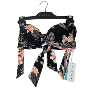 Seafolly Womens Pacifico Black Floral Bikini Halter Top Swimsuit Size 4 DD Cup - Picture 1 of 5