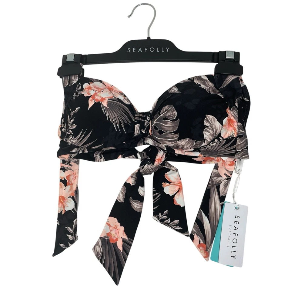Seafolly Womens Pacifico Bikini Swim Top 4 DD Cup Halter Black Floral MP