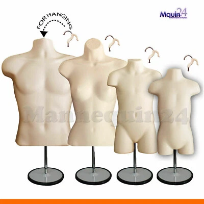Family Set Male Female Child Toddler Torso Mannequins 4 Table Top Stands 4 Hooks - Image 1 of 4