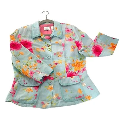 Emma James Linen Blend Floral Cropped Fitted Blazer Aqua Pink Women’s Sz 8 - Image 1 of 4