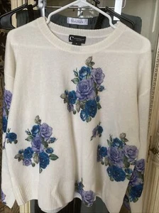 C by Bloomingdale's 100% 2-Ply Cashmere M Ivory Floral NWOT Luxury Pullover - Picture 1 of 7