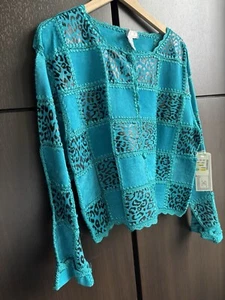 NWT SMH Boutique Teal Black Leopard Leather Patchwork Boho Jacket L Crochet - Picture 1 of 13
