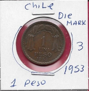 CHILE 1 PESO 1953 VF (BROKEN DIE BY DATE)#3 ARMORED BUST OF BERNARDO O'HIGGINS - Picture 1 of 2