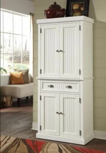 Nantucket Pantry White Finish Sanded Home Kitchen Wood Tall Cabinet Living Room - Picture 1 of 5