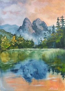 Mountain Original Oil Painting Landscape Forest Lake Art Hand Painted 13x9,8 in - Picture 1 of 6