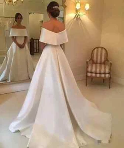 Elegant A-Line Wedding Dresses Off Shoulder Cap Sleeved Sweep Train Bridal Gowns - Picture 1 of 9