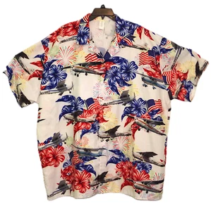 Patriotic Hawaiian Shirt Mens 4XL Airplanes Fireworks Hibiscus Flowers 63" Chest - Picture 1 of 7