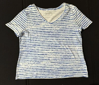 Studio Works The Studio Tee Woman’s Large Short Sleeve V Neck Top Blue White  - Image 1 of 4