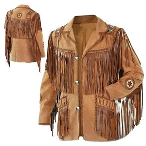 Men Western Cowboy Suede Fringe Jacket Beaded Native American Leather Jacket - Picture 1 of 5