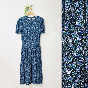 Vestido midi vintage Karin Stevens 100 % azul rayón estampado rosas cottagecore talla 10 - Imagen 1 de 11