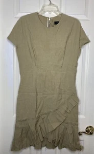 Woman ISABEL MARANT tan Khaki Linen Blend Ruffle Hem S/s Dress Sz 42 US 10 - Picture 1 of 5