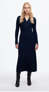 Madewell $148 Ribbed Long-Sleeve Midi Dress Navy White Size XL NT573 - Picture 1 of 9