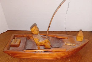 Swedish Folk Art Fisherman Canoe Figurine Wood Carved Boat 11" Vtg - Picture 1 of 14