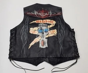 CUSTOM BLACK GENUINE LEATHER BIKER'S VEST Professionally Air Painted OLD SCHOOL - Picture 1 of 23