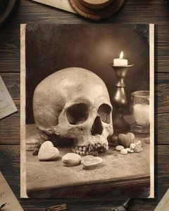 Vintage Victorian Skull with Candy Hearts Valentine Card Gothic Macabre Antique - Picture 1 of 4