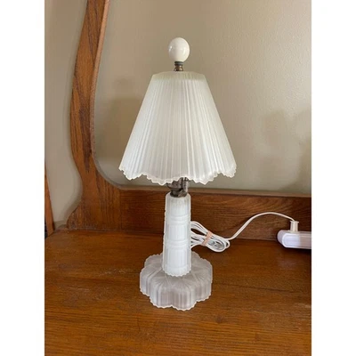 Vintage Art Deco Frosted Glass Scalloped Linear Beveled Boudoir Lamp & Shade 14" - Image 1 of 4