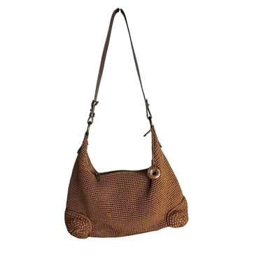 The Sak Crochet Hobo Bag Tan Shoulder Bag Purse Wood Detail Zip Closure Boho Bag - Image 1 of 4