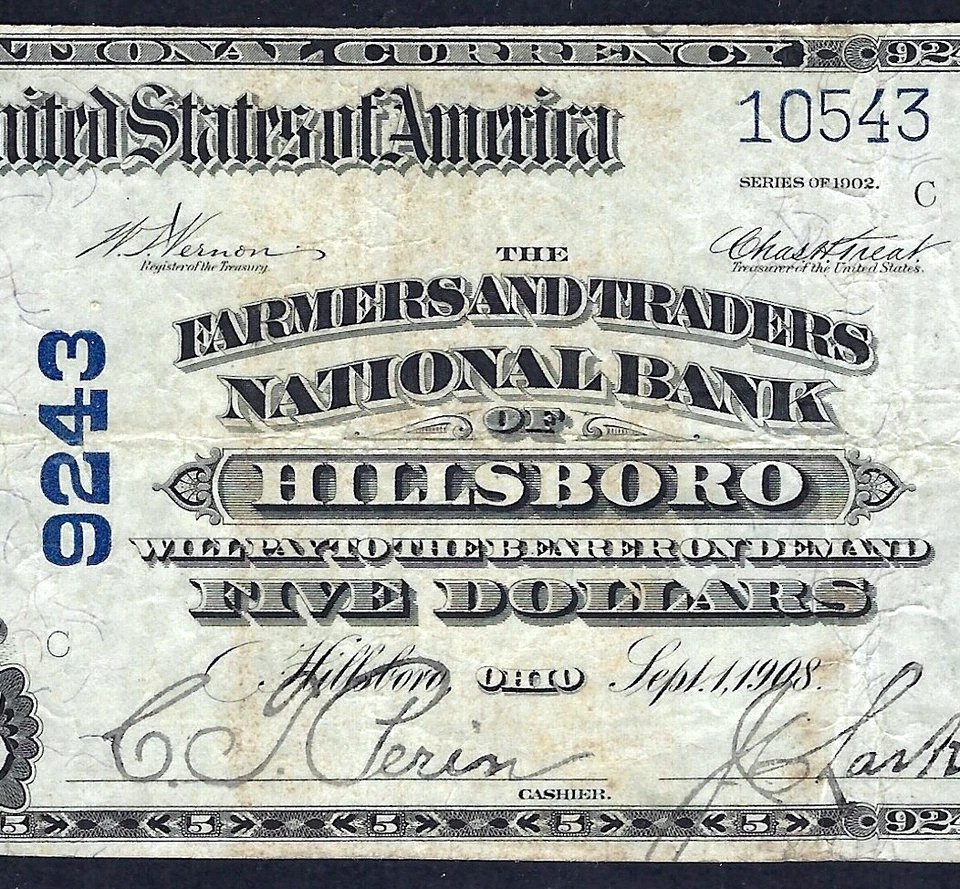 🇺🇸OH 1902 $5 ♚♚HILLSBORO,OHIO♚♚ THE FARMERS&TRADERS NB PCGS VF 20 HARD TO FIND - Image 1 of 3