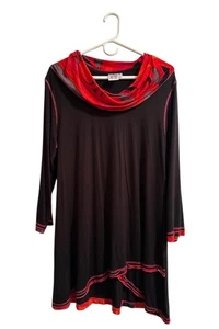 Petersilie & Salbei Long Tunika Bluse Damen XL schwarz mit rotem Wasserfallkragen 3/4 Ärmel - Bild 1 von 13