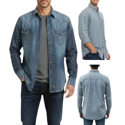 Wrangler Mens Denim Shirt Vintage Long Sleeve Regular Fit Cotton Collared Shirts - Image 1 of 4