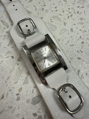 Vintage Y2K Guess Watch Women Silver Tone White Wide Leather Cuff Band - Image 1 of 4