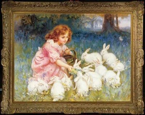 Handmade Old Master-Art Antique Oil Painting rabbit girl on canvas 30"x40" - Picture 1 of 2