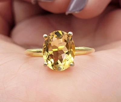 Подарочное обручальное кольцо с натуральным цитрином-солитером из золота 14 карат для женщин - Изображение 1 из 4