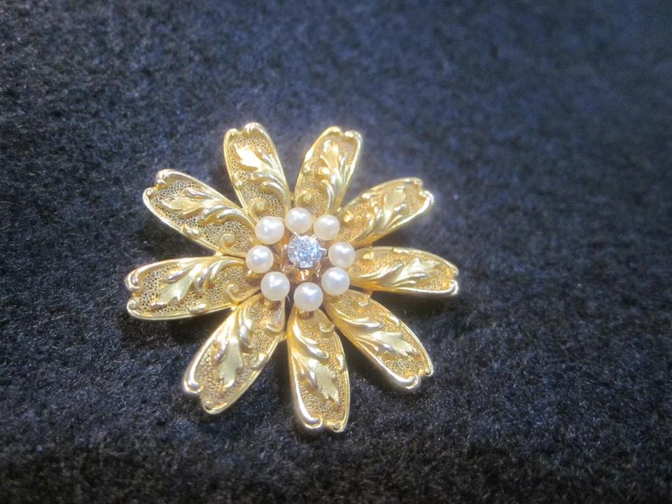 Broche prendedor flor perla semilla diamante oro 14K 5,2 gr antiguo eduardiano victoriano Foto 1 de 4