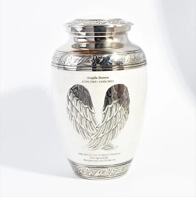 Cremation Ashes Large Adult Funeral Urn Personalised White And Silver Angel Wing - Image 1 of 4
