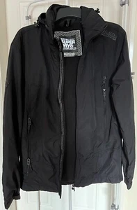 Hardly Used-Super Dry Men's Black Windcheater Hooded Jacket Fleece Inside, Large - Picture 1 of 20