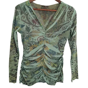 Vintage Y2K Nally & Millie Mesh Top M grün Blumen Burnout V-Ausschnitt Fee Shirt - Bild 1 von 4