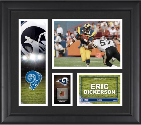Eric Dickerson LA Rams Frmd 15" x 17" Player Collage with a Piece of GU Football Cover