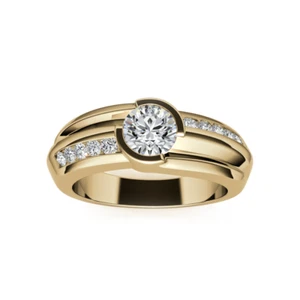 Mens Gold Engagement Ring 14K Yellow Band 8 MM Round 1.05 Ct Lab Created Diamond - Picture 1 of 12
