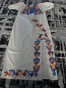 Mexican Artisan Maxi Dress: Embroidered Flowers & Butterflies Side Slit, Beige - Picture 1 of 7