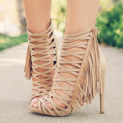 Nova Sandália Feminina Gaiola com Tiras Salto Franja Plataforma Stiletto Bomba Botinhas PeepToe - Imagem 1 de 2