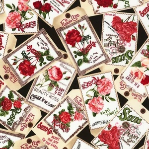 Rose Garden Floral NAME TAGS BLACK Red Pink Flowers Fabric By the FQ - 1/4 YD - Picture 1 of 5