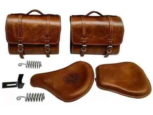 Fit For Royal Enfield Classic 350/500CC Tan Front & Rear Leather Seat & Bags - Picture 1 of 5