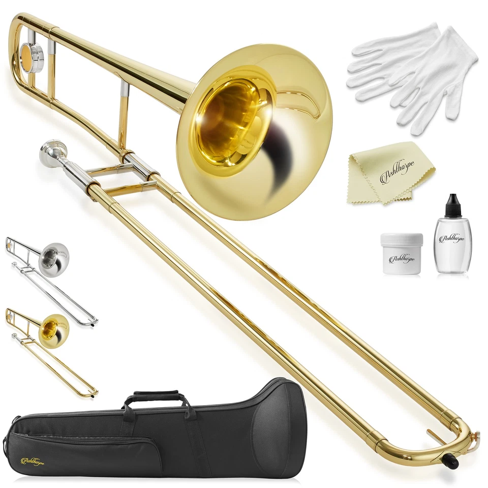 Bb Tenor Slide Trombone, Brass Band Instrument B Flat Key w/ Case, Mouthpiece - Image 1 of 1