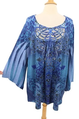 Avenue womens Tunic Top size 18/20 1X Knit Art To Wear Blue Embellished - Image 1 of 4