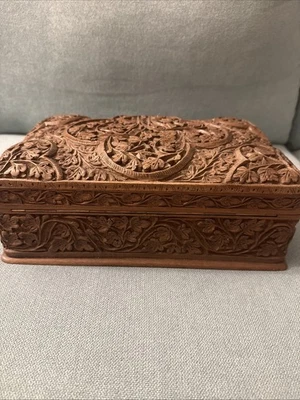 Vintage Hand Carved Walnut Jewelry Box 11” Kashmiri Floral Wood Chest 11x7x4 In - Image 1 of 4