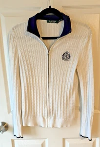 Lauren Ralph Lauren Pullover weiß/marine Borte Gr. M Zopfmuster Full Zip Wappen - Bild 1 von 5