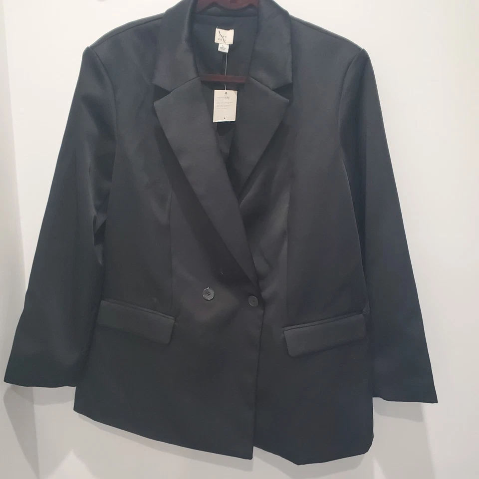NUEVO CON ETIQUETAS A New Day Chaqueta Esmoquin Negra Satinada De Gran Tamaño Doble Pecho Talla L Foto 1 de 4