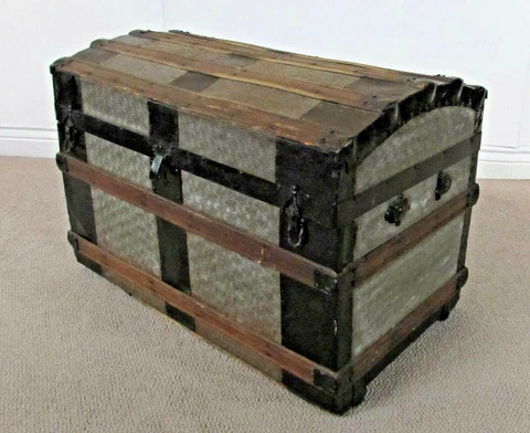 ANTIQUE DOME TOP STEAMER TRUNK, CHEST, EMBOSSED TIN Cover