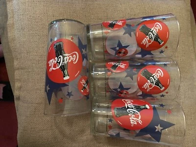 Vintage Coca cola 22oz Star Glasses Indiana Glass Co. 1998 Red/Blue Set Of 4 - Image 1 of 3