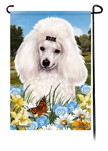 Summer Flowers Garden Flag - Miniature Mini White Poodle - Picture 1 of 1