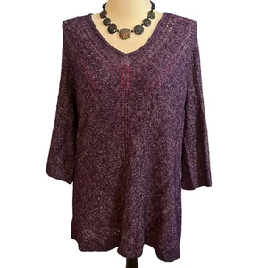 Westport Women’s V-neck Sweater Purple 1X Loose Knit Crochet Pullover Boho NWT - Picture 1 of 11