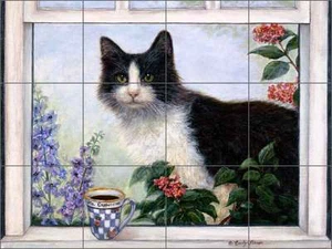 Ceramic Tile Mural Kitchen Backsplash Paterson Coffee Cat Art CPA007 - Picture 1 of 5