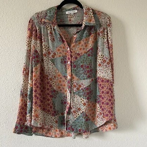 ROSE + OLIVE Floral Patch Smock Shoulders Artsy Button up Blouse Women’s Medium - Picture 1 of 9